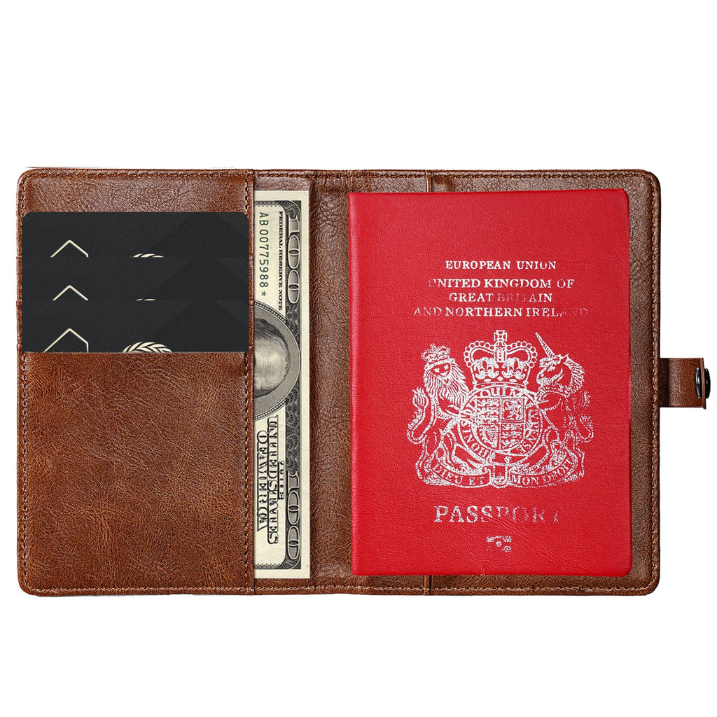 Leather Passport Holder with AirTag Slot – RFID Travel Wallet for Passport, Cards & Documents